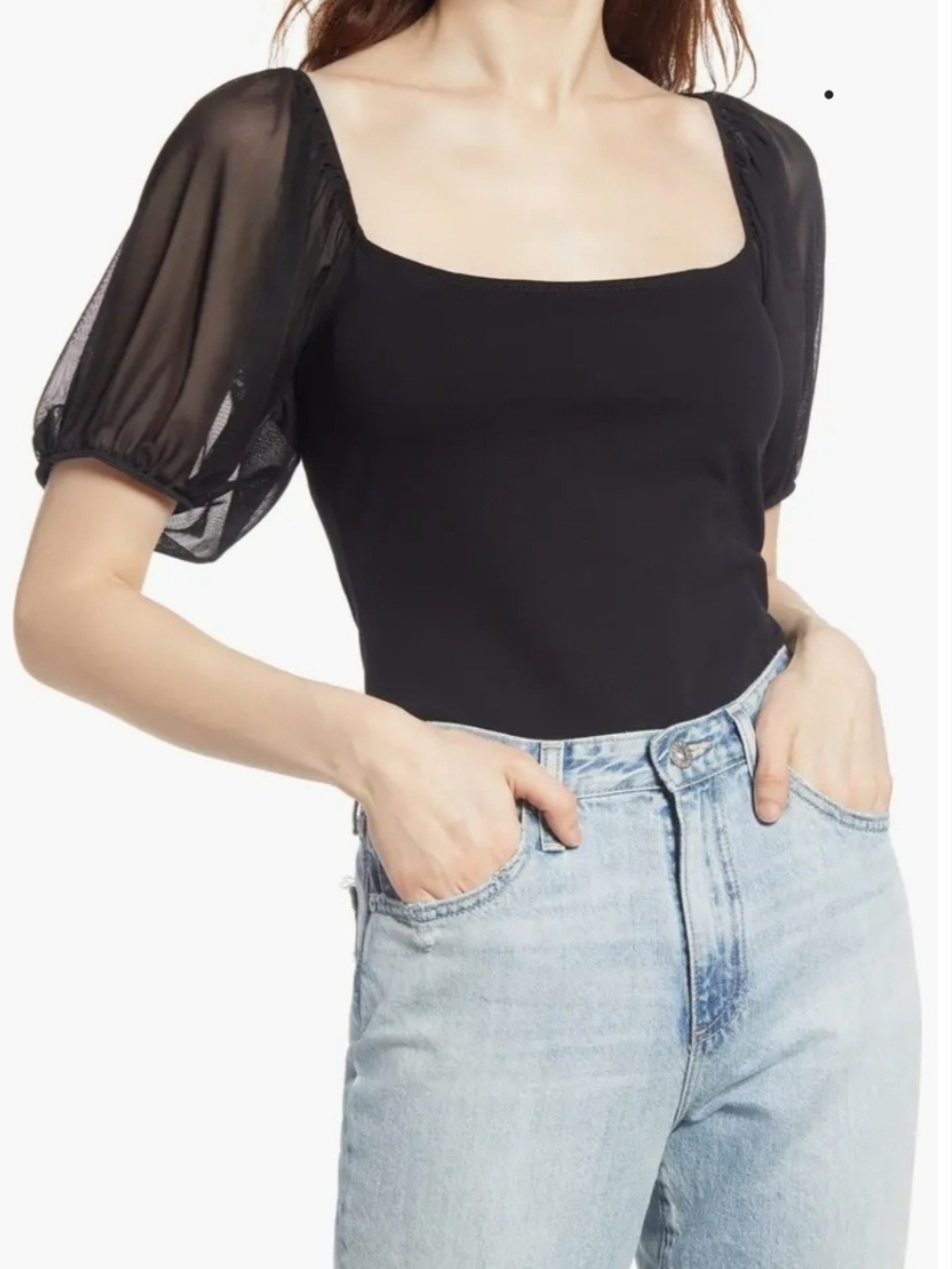 Free People Black Square Neck Puff Sleeve Top
